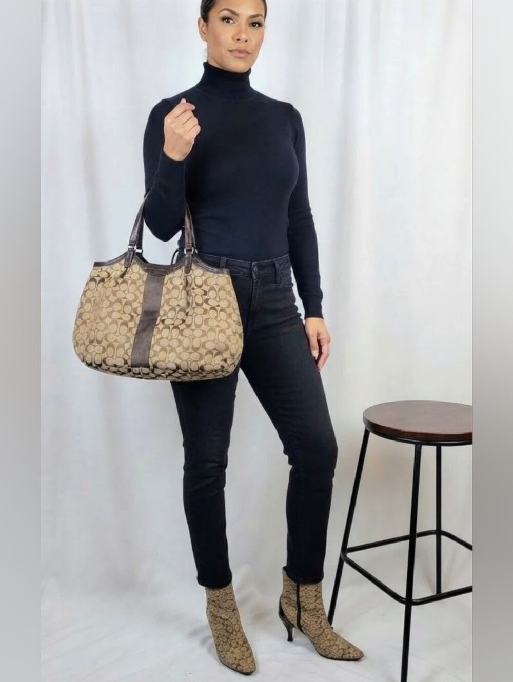 VINTAGE COACH Signature Monogram Tote Bag & Matching Heeled Boots Set Sz 10